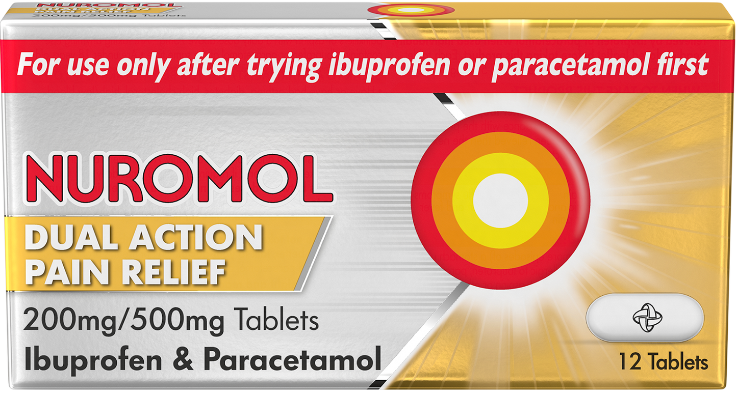 Nuromol Dual Action pain relief 200mg/500mg Tablets 12 Tablets